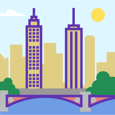 Illustration of two skyscrapers in the city behind the bridge.