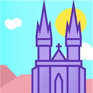 Illustration of a purple church with a sun behind it’s right tower.